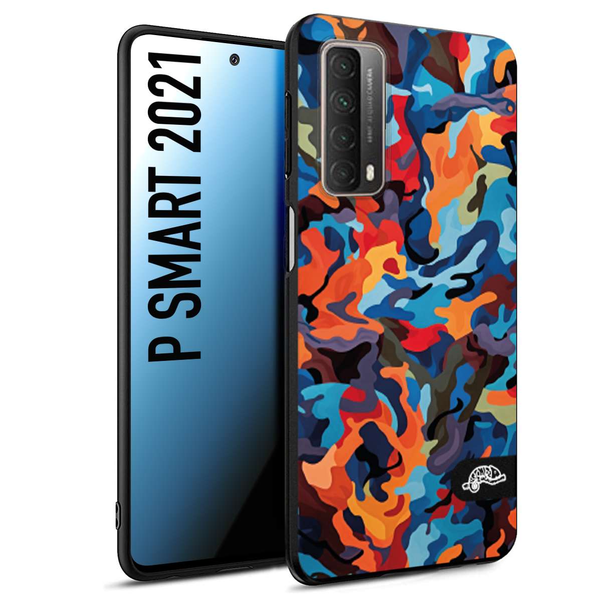 CUSTOMIZZA - Custodia cover nera morbida in tpu compatibile per Huawei P Smart 2021 camouflage mimetico militare moderno blu arancio rosso