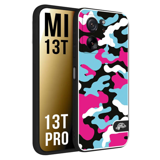 CUSTOMIZZA - Custodia cover nera morbida in tpu compatibile per Xiaomi 13T - 13T PRO camouflage mimetico militare fucsia celeste