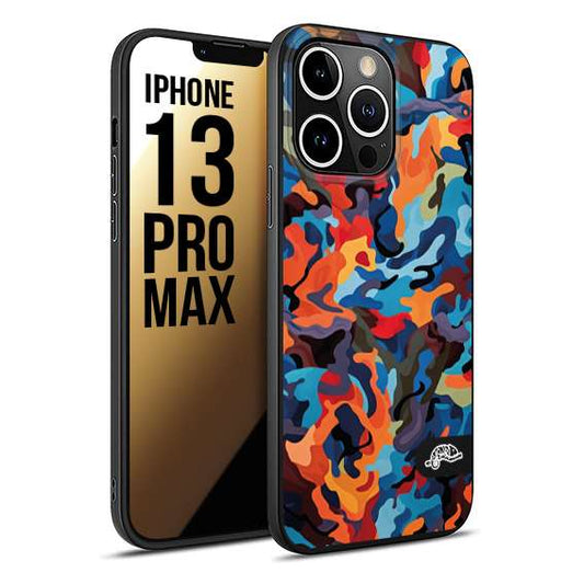 CUSTOMIZZA - Custodia cover nera morbida in tpu compatibile per iPhone 13 PRO MAX camouflage mimetico militare moderno blu arancio rosso