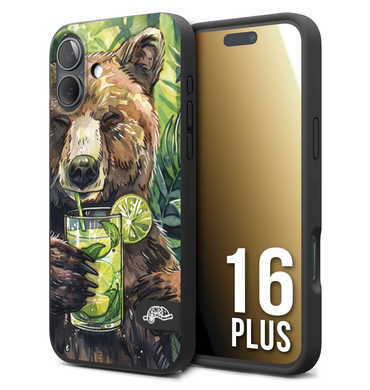 CUSTOMIZZA - Custodia cover nera morbida in tpu compatibile per iPhone 16 PLUS fiori estate disegnata cocktails animali simpatici orso bear negroni