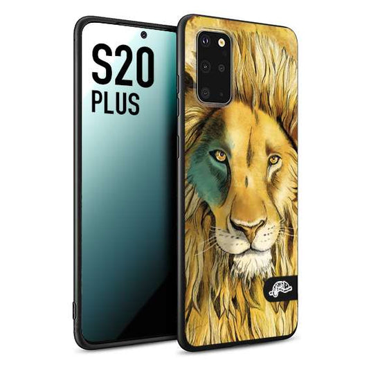 CUSTOMIZZA - Custodia cover nera morbida in tpu compatibile per Samsung S20 PLUS leone lion disegnato a mano giallo blu a rilievo artistico brown