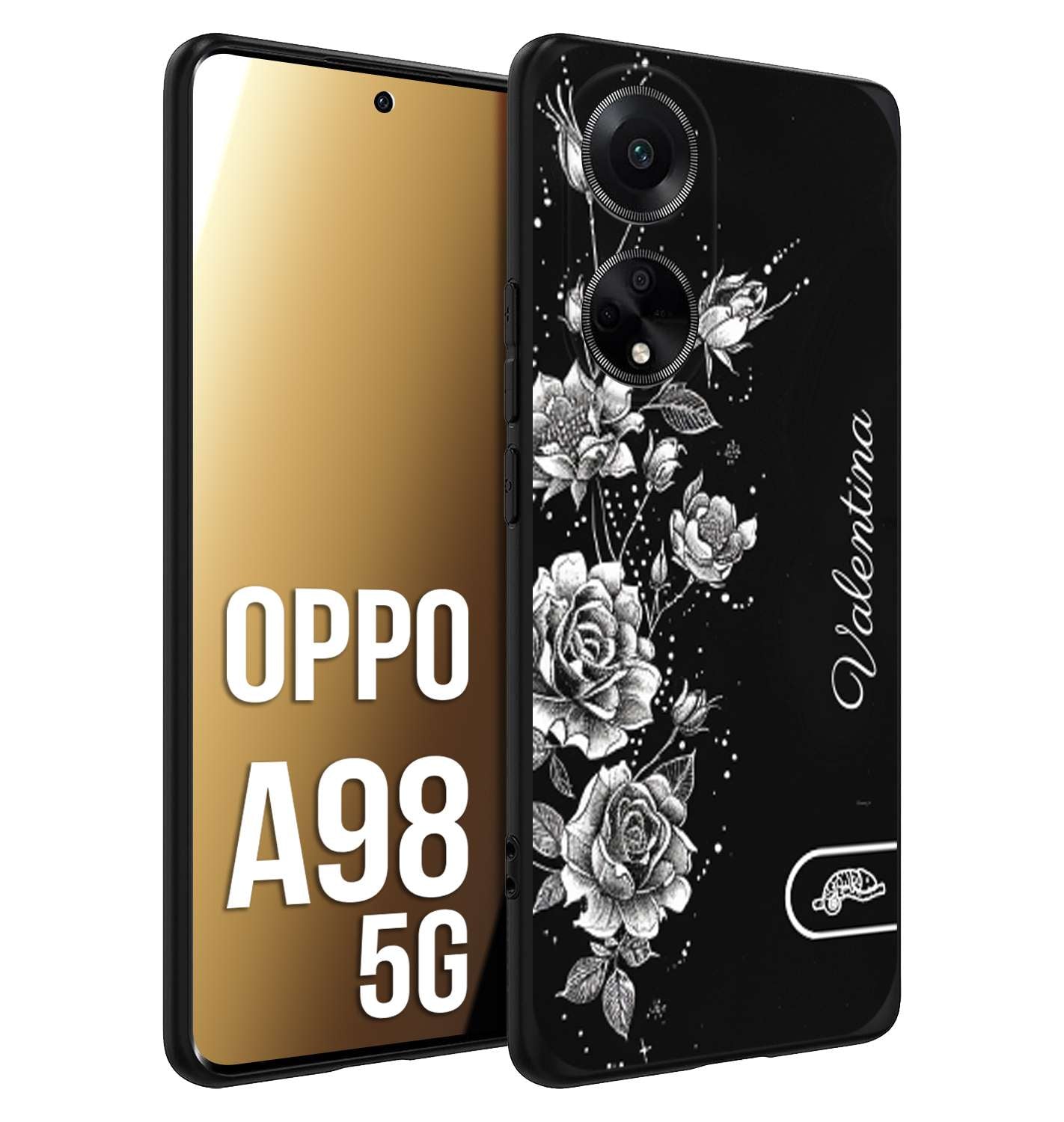 CUSTOMIZZA - Custodia cover nera morbida in tpu compatibile per Oppo A98 5G a rilievo soft touch personalizzata nome rose fiori donna