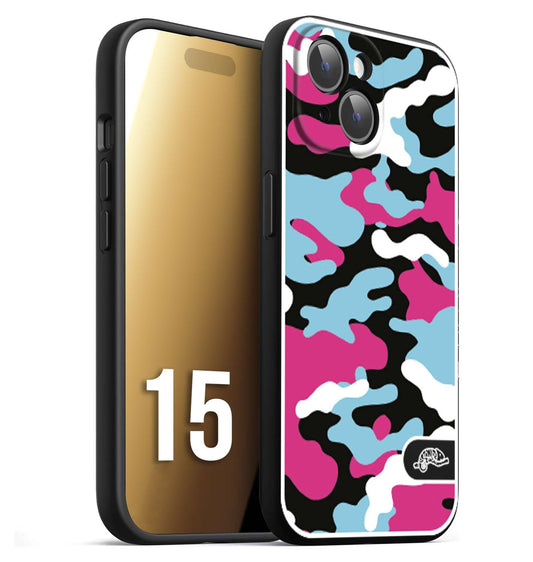 CUSTOMIZZA - Custodia cover nera morbida in tpu compatibile per iPhone 15 camouflage mimetico militare fucsia celeste