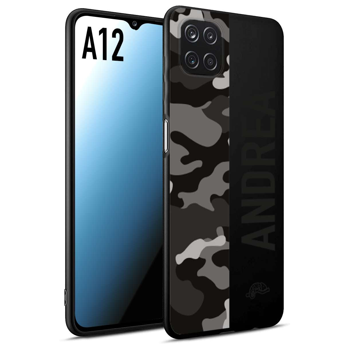 CUSTOMIZZA - Custodia cover nera morbida in tpu compatibile per Samsung A12 camouflage mimetico militare personalizzata nome