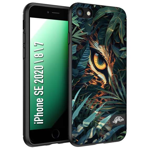 CUSTOMIZZA - Custodia cover nera morbida in tpu compatibile per iPhone 7 - 8 - SE 2020 / 2022 animali color giungla tropicale occhio di giaguaro felino disegnato