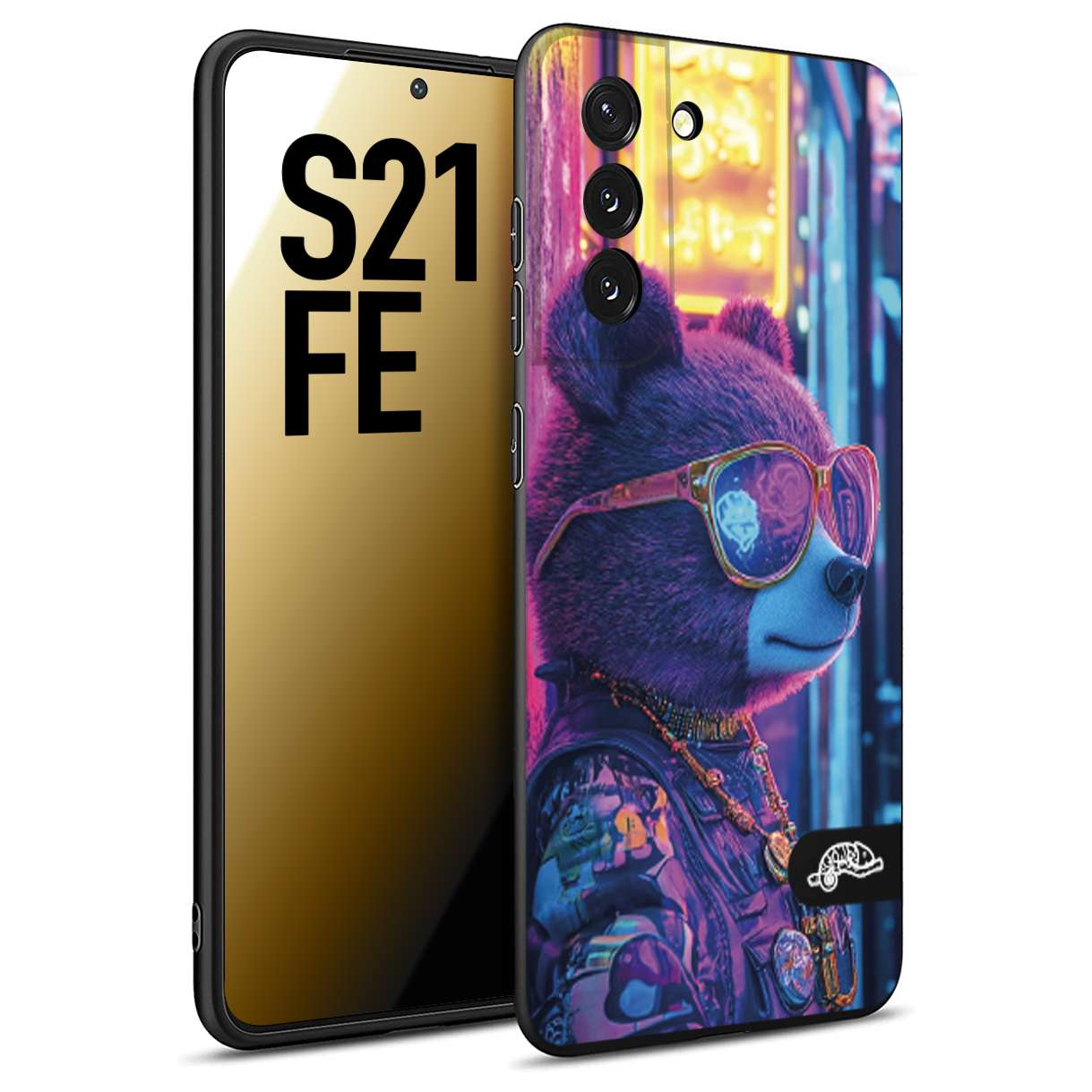 CUSTOMIZZA - Custodia cover nera morbida in tpu compatibile per Samsung S21 FE animali cyberpunk orsetto orso street bear fucsia blu night