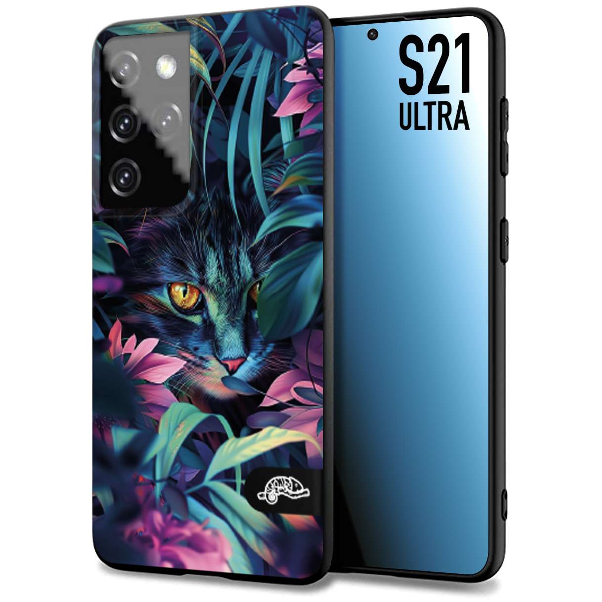 CUSTOMIZZA - Custodia cover nera morbida in tpu compatibile per Samsung S21 ULTRA animali color giungla tropicale occhio di gatto colori vibranti disegnato
