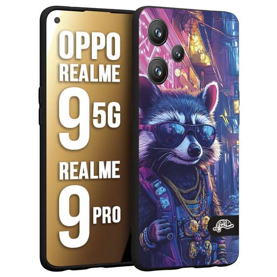 CUSTOMIZZA - Custodia cover nera morbida in tpu compatibile per Realme 9 5G - 9 PRO animali simpatici cyberpunk procione racoon street cat fucsia blu giallo