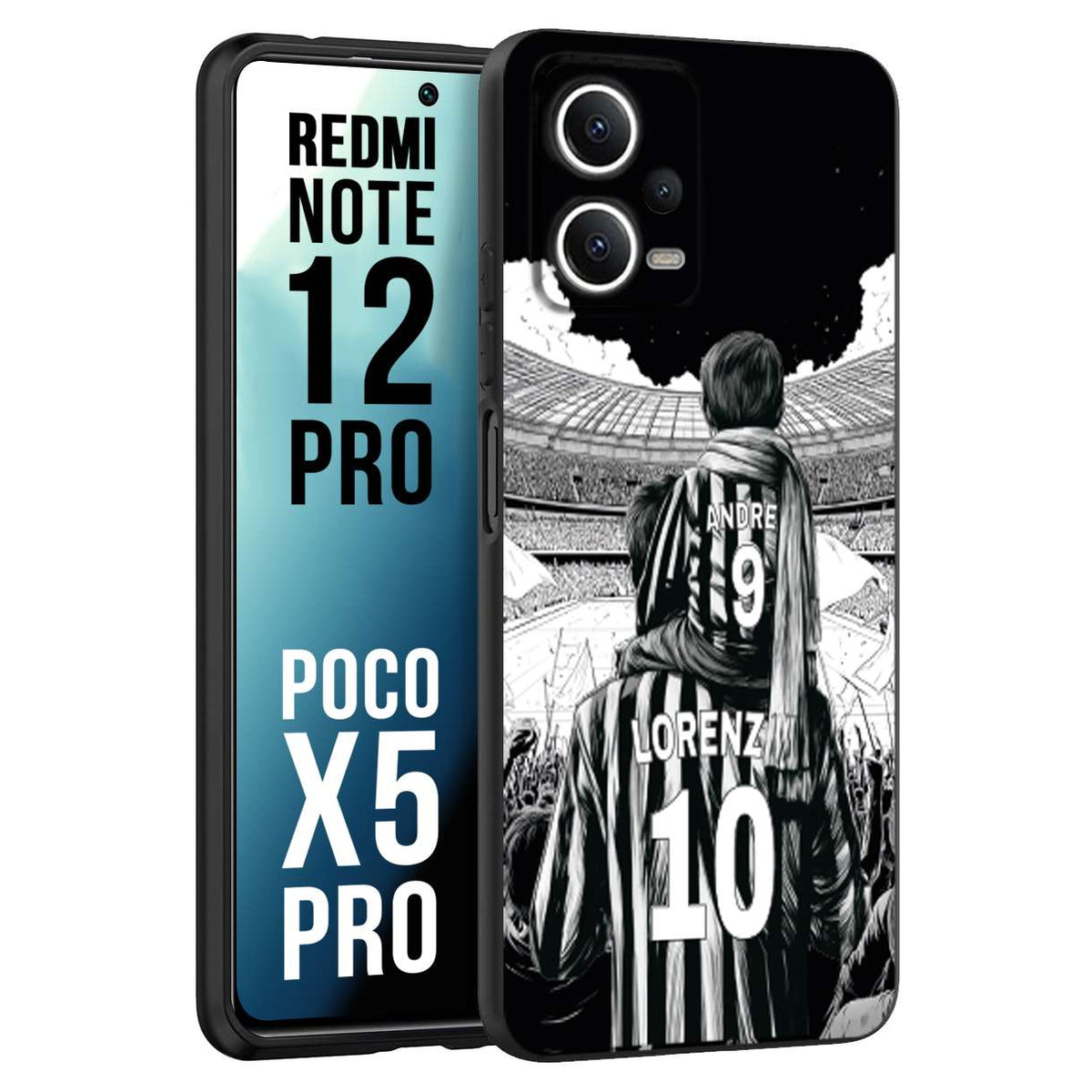 CUSTOMIZZA - Custodia cover nera morbida in tpu compatibile per Xiaomi Redmi Note 12 PRO - POCO X5 PRO personalizzata calcio football nome e numero calciatori bianconeri bianca e nera
