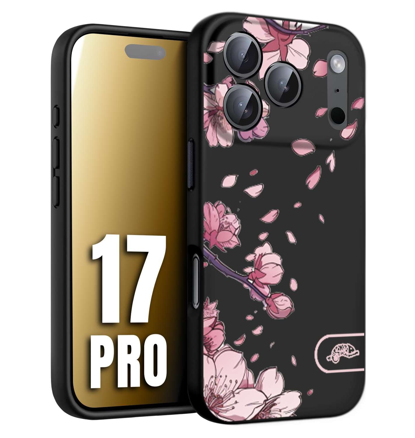 CUSTOMIZZA - Custodia cover nera morbida in tpu compatibile per iPhone 17 PRO giapponese fiori di ciliegio in fiore a rilievo disegnata tattoo