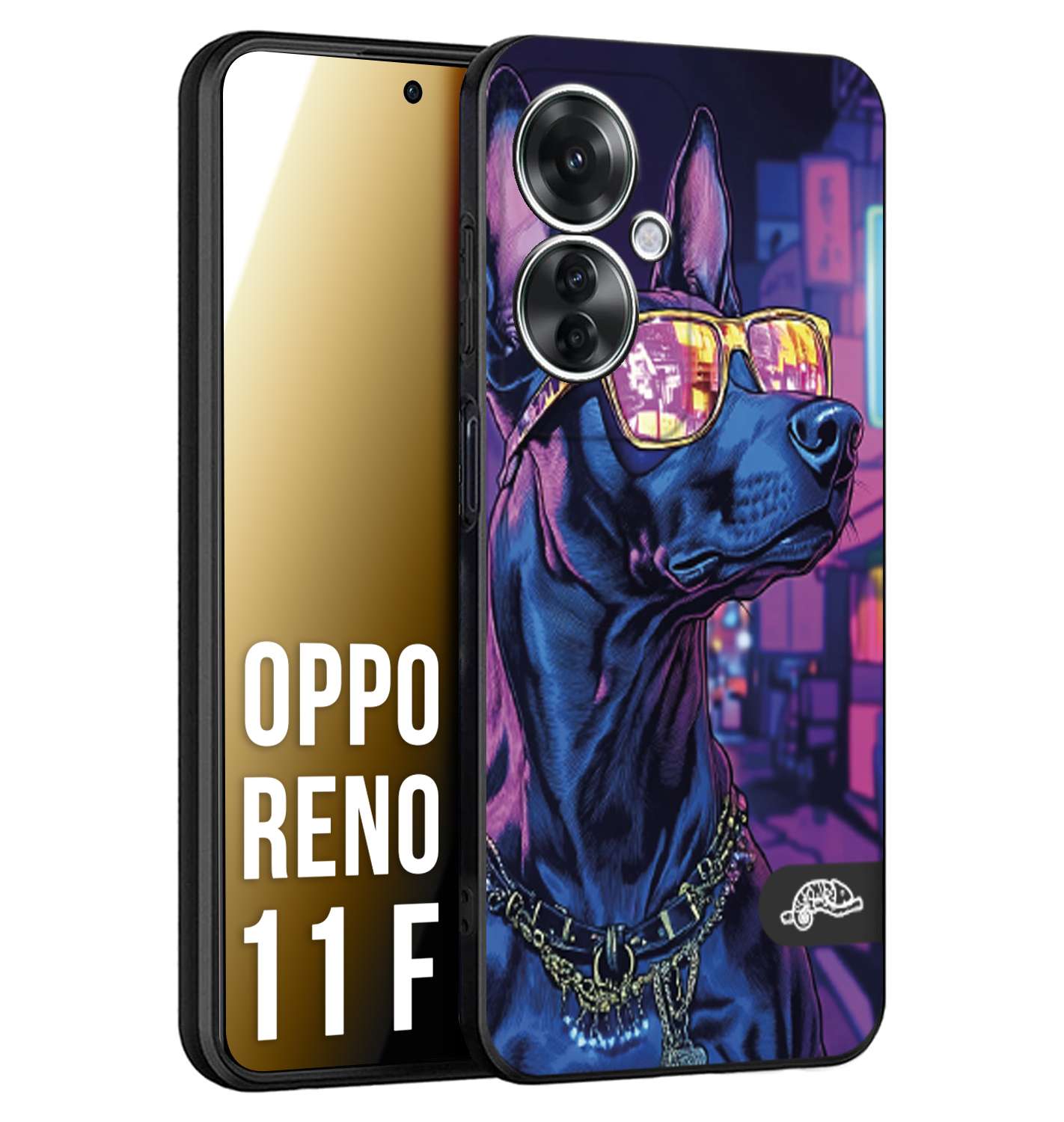CUSTOMIZZA - Custodia cover nera morbida in tpu compatibile per Oppo Reno 11 F 5G animali cyberpunk dobermann cane street dog fucsia blu night