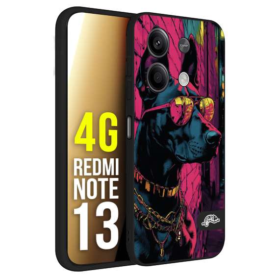 CUSTOMIZZA - Custodia cover nera morbida in tpu compatibile per Xiaomi Redmi Note 13 4G animali cyberpunk dobermann cane street dog fucsia blu