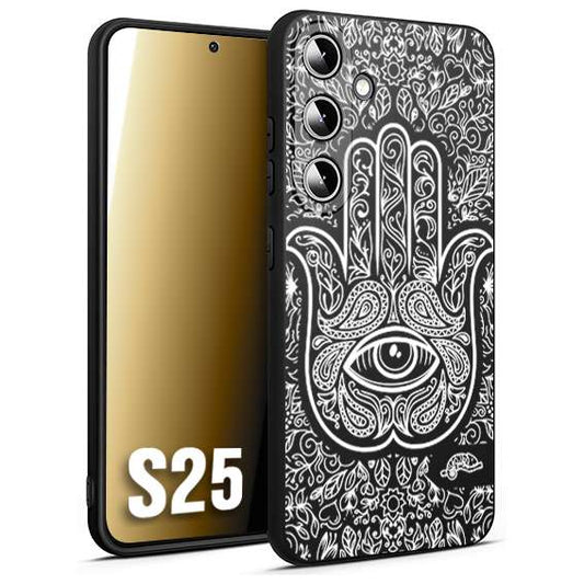 CUSTOMIZZA - Custodia cover nera morbida in tpu compatibile per Samsung S25 mano di fatima effetto rilievo mandala donna