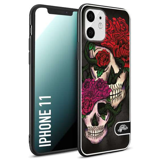 CUSTOMIZZA - Custodia cover nera morbida in tpu compatibile per iPhone 11 teschi e rose rosse fucsia skull and roses