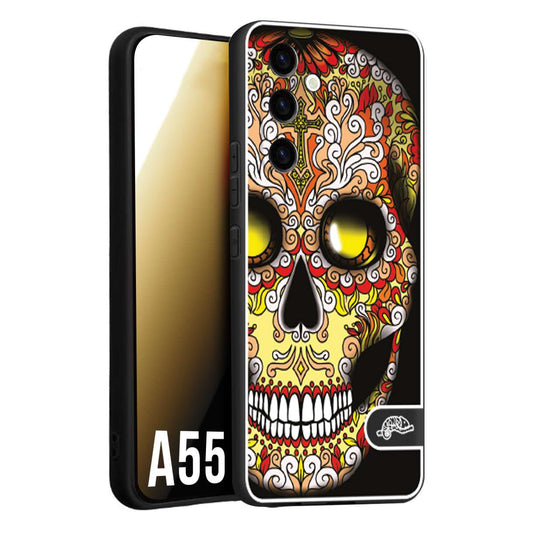 CUSTOMIZZA - Custodia cover nera morbida in tpu compatibile per Samsung A55 5G teschio messicano Mexican skull giallo rosso arancio