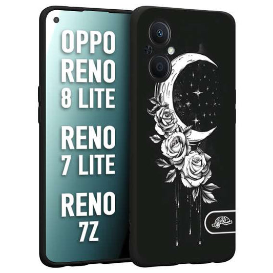 CUSTOMIZZA - Custodia cover nera morbida in tpu compatibile per Oppo Reno 7 Lite - 8 Lite - 7Z luna e fiori moon flowers black and white bianco a rilievo disegnato tattoo tatuaggio
