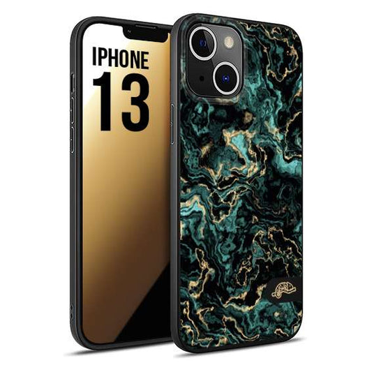 CUSTOMIZZA - Custodia cover nera morbida in tpu compatibile per iPhone 13 effetto marmo marble verde green venature dorato pietra