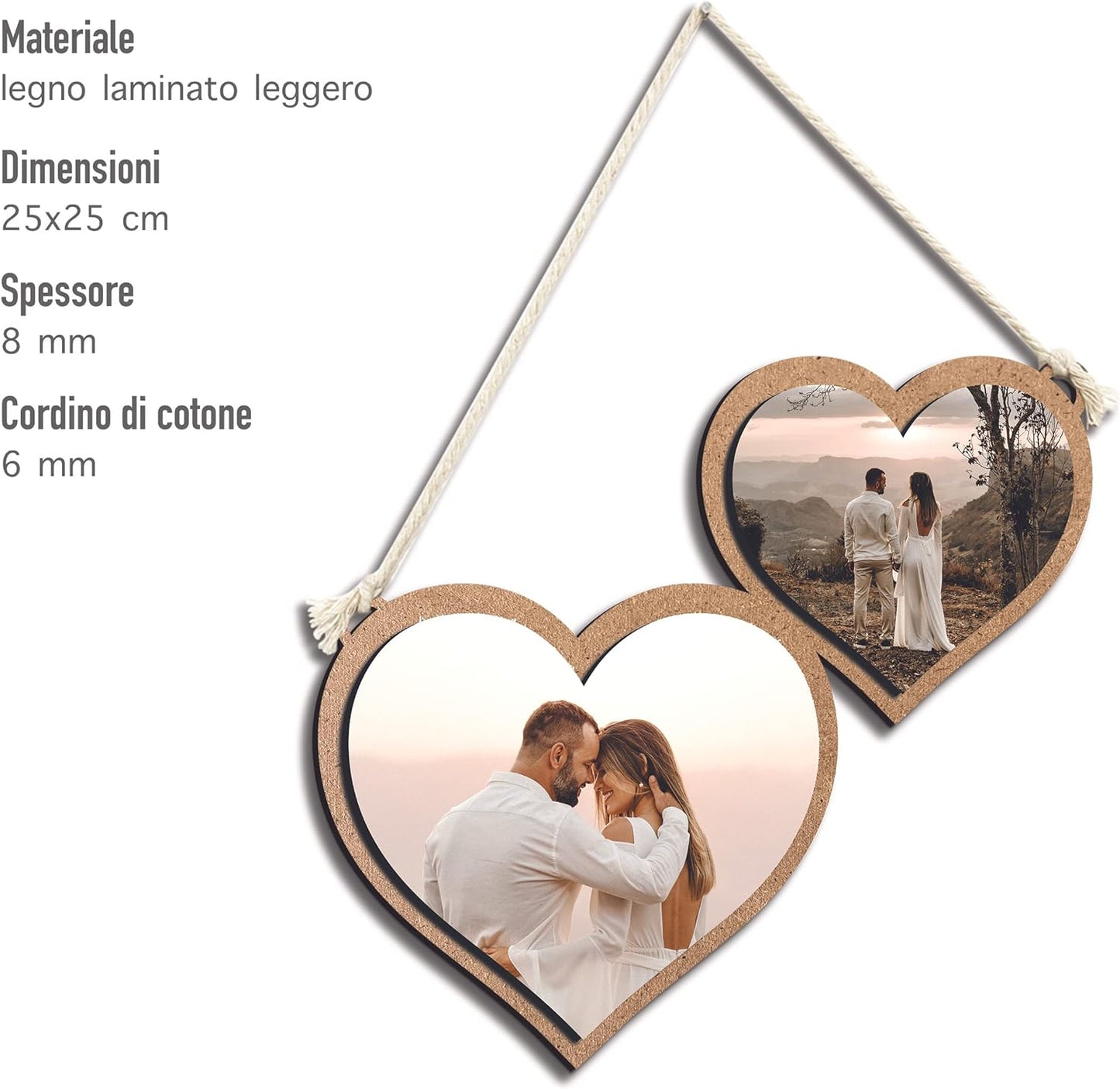 CUSTOMIZZA - Idea Regalo San Valentino quadro in legno Personalizzato con la tua Foto con cordino in cotone da 0,6 mm cuorI