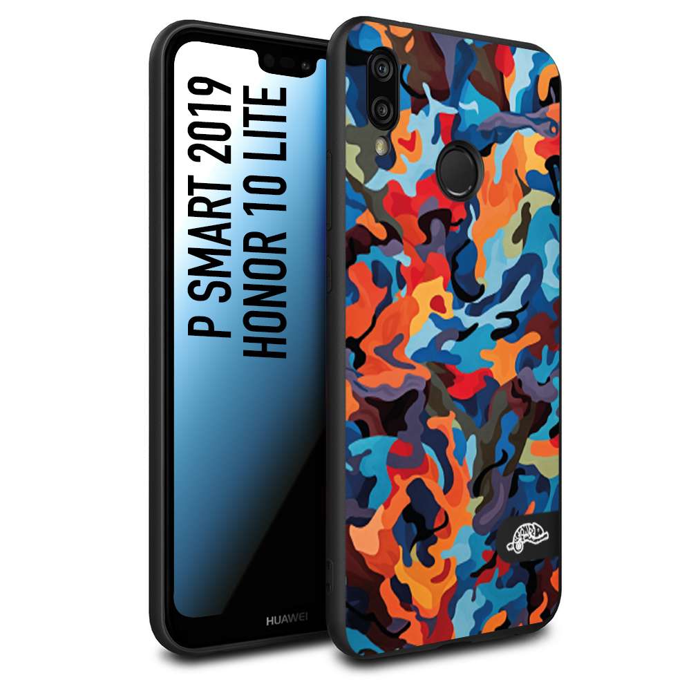 CUSTOMIZZA - Custodia cover nera morbida in tpu compatibile per Huawei P Smart 2019 camouflage mimetico militare moderno blu arancio rosso