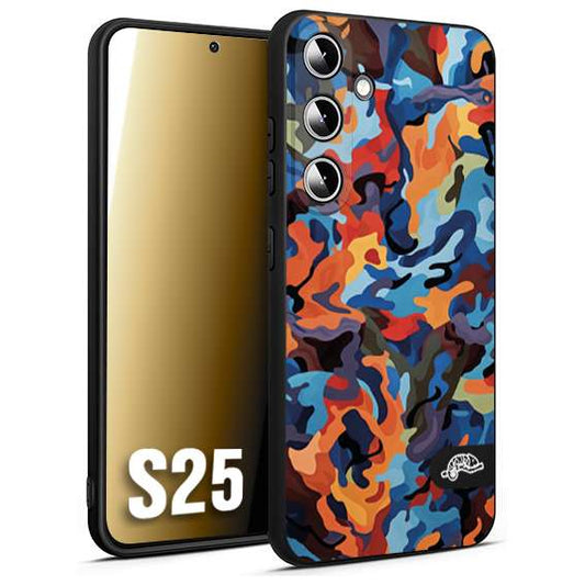 CUSTOMIZZA - Custodia cover nera morbida in tpu compatibile per Samsung S25 camouflage mimetico militare moderno blu arancio rosso