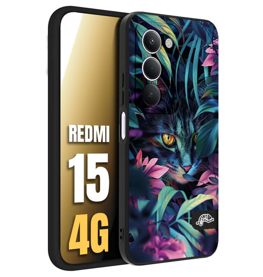 CUSTOMIZZA - Custodia cover nera morbida in tpu compatibile per Xiaomi Redmi 15 4G animali color giungla tropicale occhio di gatto colori vibranti disegnato