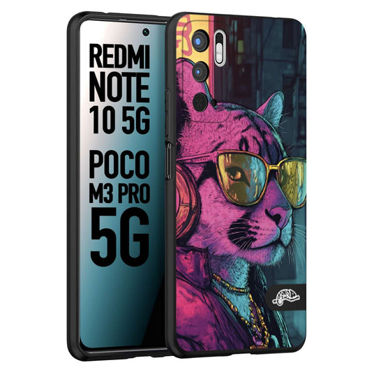 CUSTOMIZZA - Custodia cover nera morbida in tpu compatibile per Xiaomi Redmi Note 10 5G - Poco M3 Pro 5G animali cyberpunk pantera street cat fucsia blu giallo