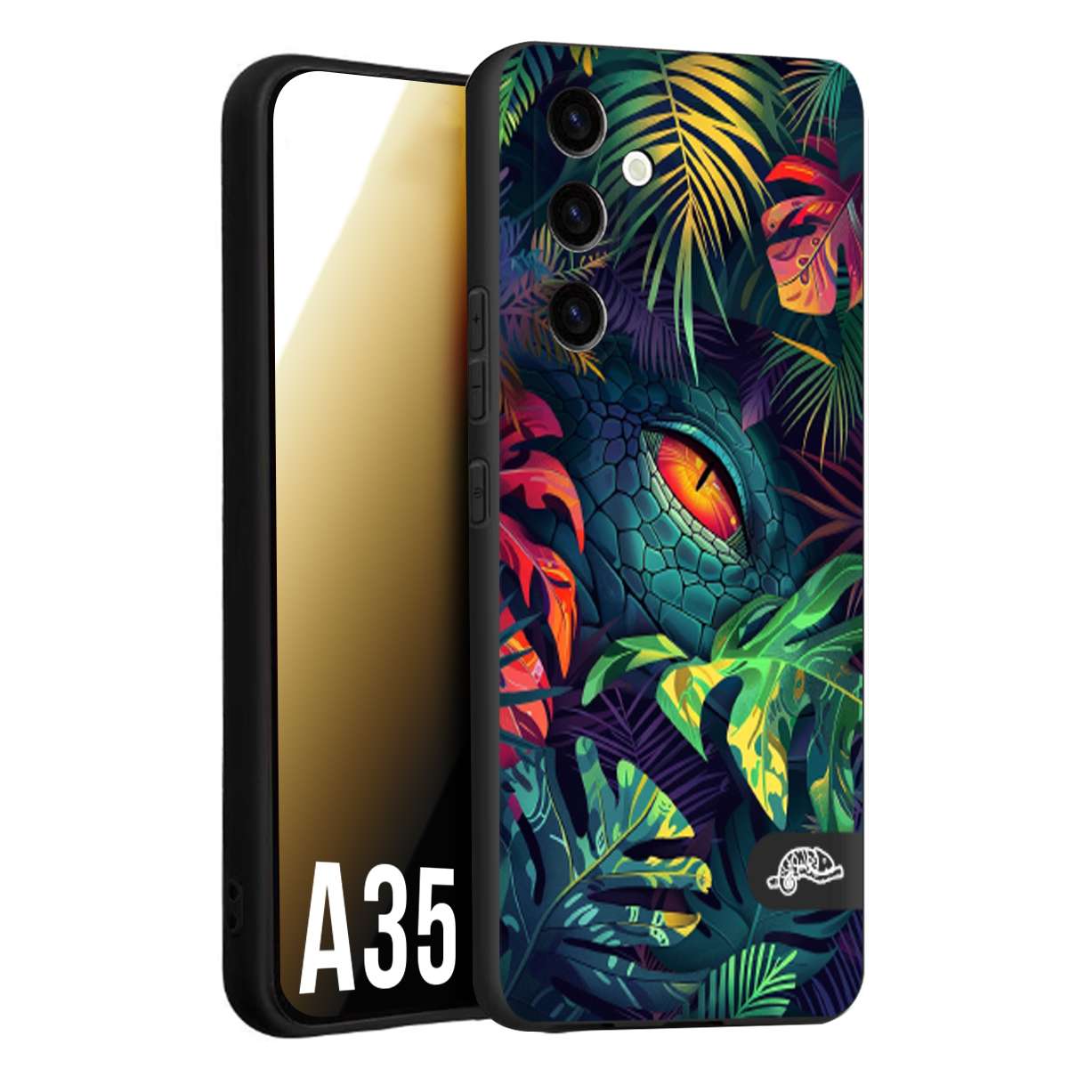 CUSTOMIZZA - Custodia cover nera morbida in tpu compatibile per Samsung A35 5G animali color giungla tropicale occhio di coccodrillo alligatore disegnato