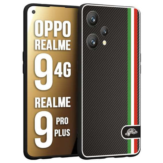 CUSTOMIZZA - Custodia cover nera morbida in tpu compatibile per Realme 9 4G - 9 PRO PLUS effetto fibra di carbonio bandiera Italia made in Italy