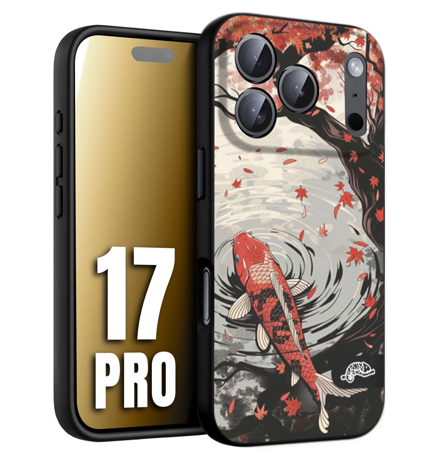 CUSTOMIZZA - Custodia cover nera morbida in tpu compatibile per iPhone 17 PRO giapponese lago carpa koi rossa con foglie d'acero rosso disegnata tattoo