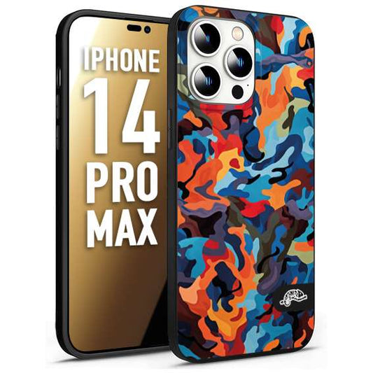 CUSTOMIZZA - Custodia cover nera morbida in tpu compatibile per iPhone 14 PRO MAX camouflage mimetico militare moderno blu arancio rosso