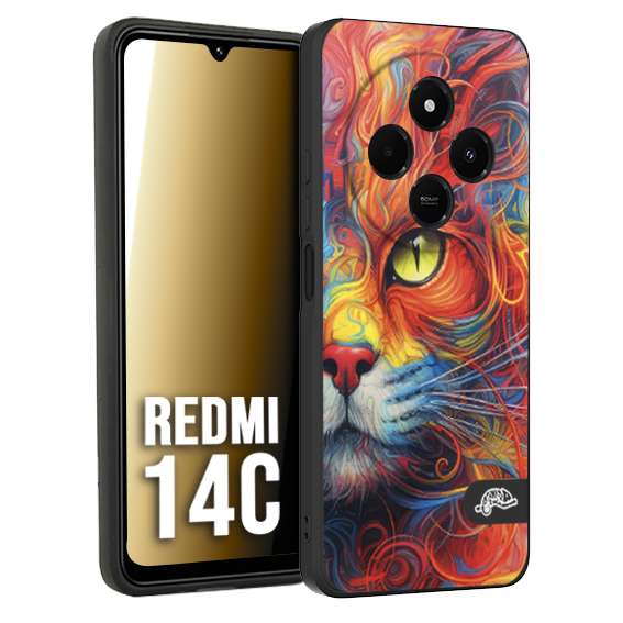 CUSTOMIZZA - Custodia cover nera morbida in tpu compatibile per Xiaomi Redmi 14C animali color cat gatto viso colori vibranti disegnato schizzo