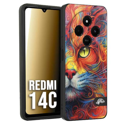 CUSTOMIZZA - Custodia cover nera morbida in tpu compatibile per Xiaomi Redmi 14C animali color cat gatto viso colori vibranti disegnato schizzo