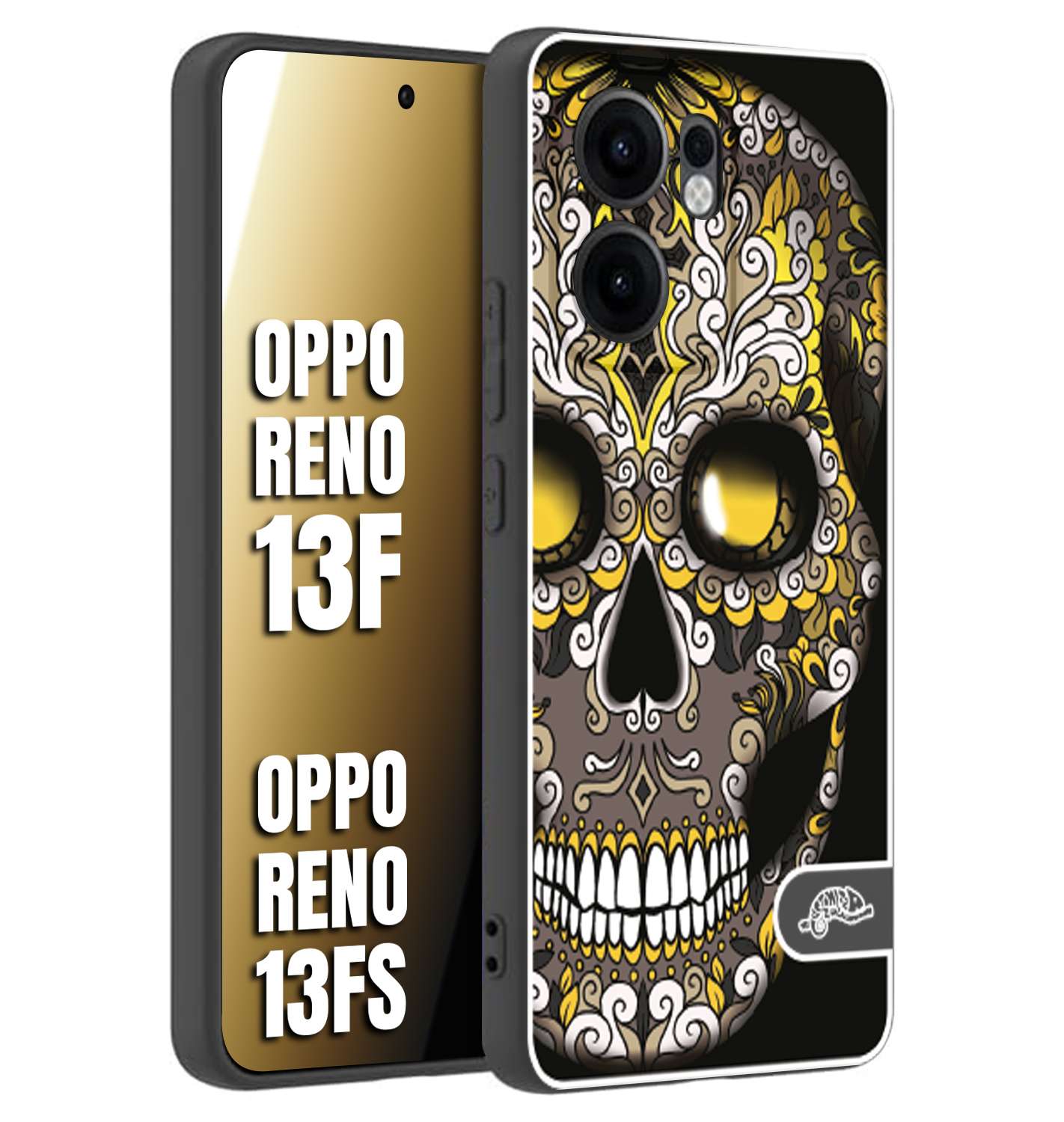 CUSTOMIZZA - Custodia cover nera morbida in tpu compatibile per Oppo Reno 13 F teschio messicano Mexican skull nero giallo