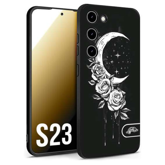 CUSTOMIZZA - Custodia cover nera morbida in tpu compatibile per Samsung S23 luna e fiori moon flowers black and white bianco a rilievo disegnato tattoo tatuaggio