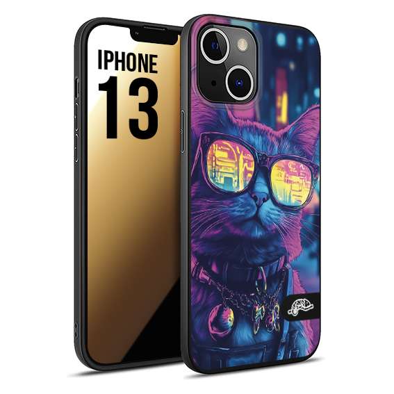 CUSTOMIZZA - Custodia cover nera morbida in tpu compatibile per iPhone 13 animali cyberpunk gatto street cat fucsia blu giallo