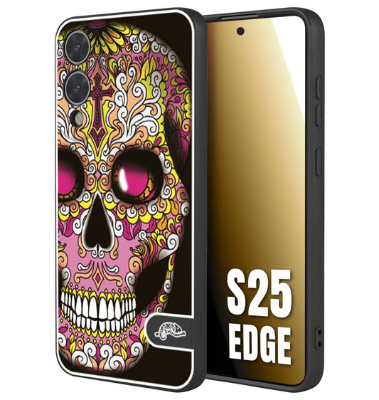 CUSTOMIZZA - Custodia cover nera morbida in tpu compatibile per Samsung S25 EDGE teschio messicano Mexican skull rosa gialla