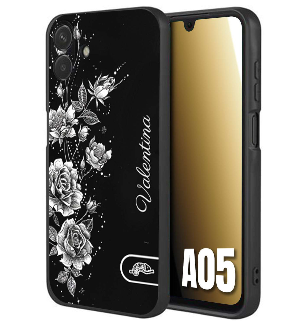 CUSTOMIZZA - Custodia cover nera morbida in tpu compatibile per Samsung A05 personalizzata rilievo soft touch nome rose fiori donna