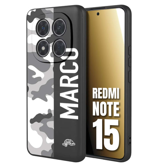 CUSTOMIZZA - Custodia cover nera morbida in tpu compatibile per Xiaomi Redmi Note 15 camouflage mimetico militare personalizzata nome bianco