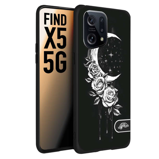 CUSTOMIZZA - Custodia cover nera morbida in tpu compatibile per Oppo Find X5 luna e fiori moon flowers black and white bianco a rilievo disegnato