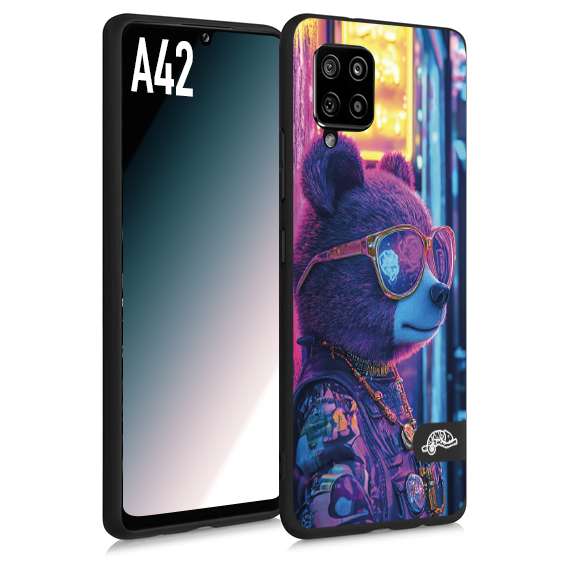 CUSTOMIZZA - Custodia cover nera morbida in tpu compatibile per Samsung A42 animali cyberpunk orsetto orso street bear fucsia blu night