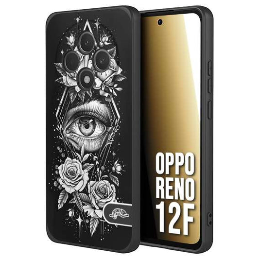 CUSTOMIZZA - Custodia cover nera morbida in tpu compatibile per Oppo Reno 12F occhio fiori rombo geometrico black and white bianco a rilievo disegnato tattoo tatuaggio