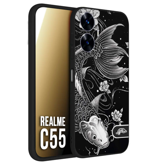 CUSTOMIZZA - Custodia cover nera morbida in tpu compatibile per Realme C55 carpa koi black and white bianco a rilievo disegnato tattoo tatuaggio