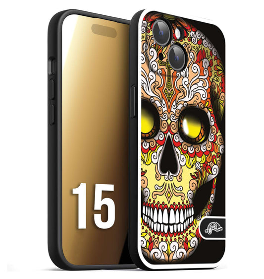 CUSTOMIZZA - Custodia cover nera morbida in tpu compatibile per iPhone 15 teschio messicano Mexican skull giallo rosso arancio