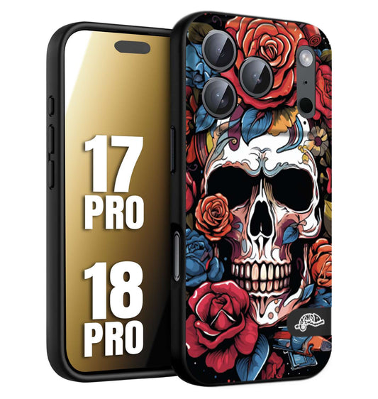 CUSTOMIZZA - Custodia cover nera morbida in tpu compatibile per iPhone 17 PRO - 18 PRO teschio skull flowers fiori rose rosse tattoo disegnato