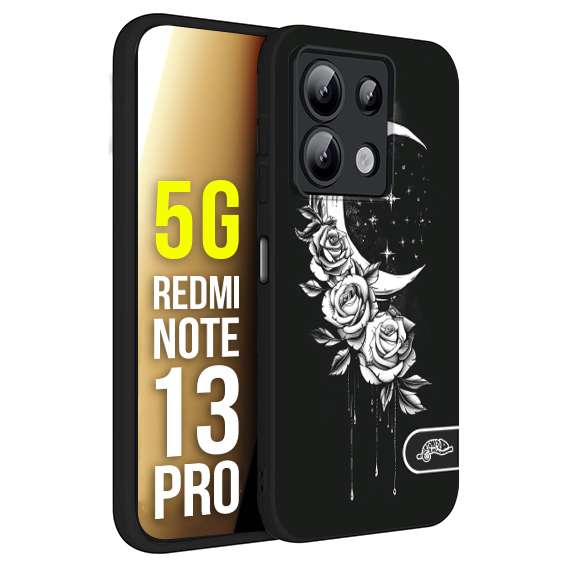 CUSTOMIZZA - Custodia cover nera morbida in tpu compatibile per Xiaomi Redmi Note 13 PRO 5G luna e fiori moon flowers black and white bianco a rilievo disegnato tattoo tatuaggio