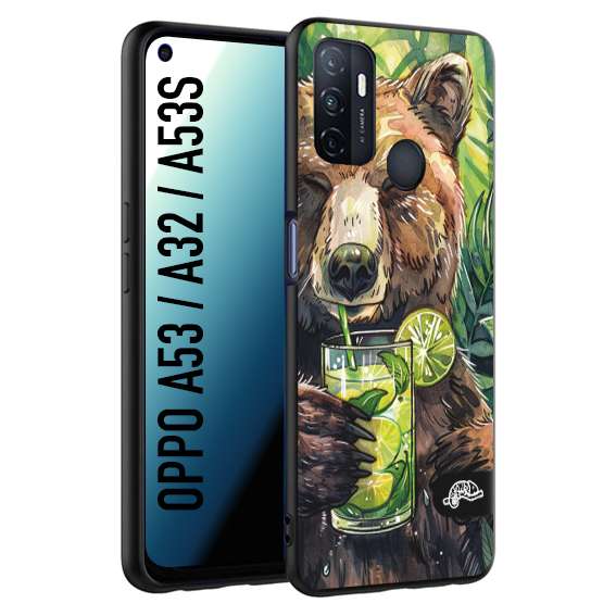 CUSTOMIZZA - Custodia cover nera morbida in tpu compatibile per Oppo A53 - A32 - A53S estate disegnata cocktails animali simpatici orso bear negroni