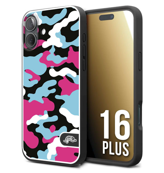 CUSTOMIZZA - Custodia cover nera morbida in tpu compatibile per iPhone 16 PLUS camouflage mimetico militare fucsia celeste