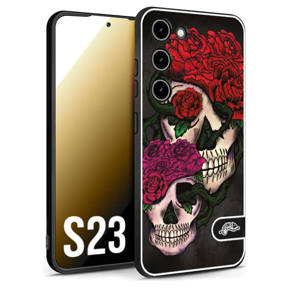 CUSTOMIZZA - Custodia cover nera morbida in tpu compatibile per Samsung S23 teschi e rose rosse fucsia skull and roses