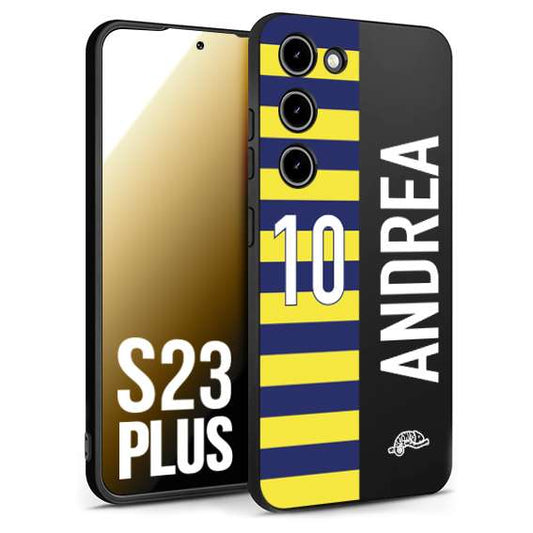 CUSTOMIZZA - Custodia cover nera morbida in tpu compatibile per Samsung S23 PLUS personalizzata calcio football nome e numero calciatori giallo blu