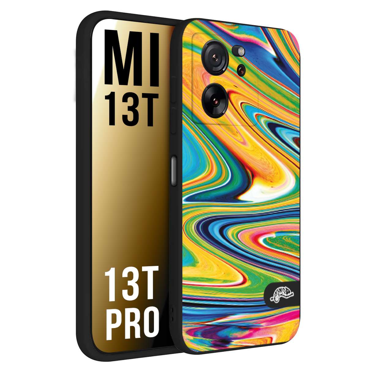 CUSTOMIZZA - Custodia cover nera morbida in tpu compatibile per Xiaomi 13T - 13T PRO colorata fantasia vortice marmo arcobaleno gialla verde blu